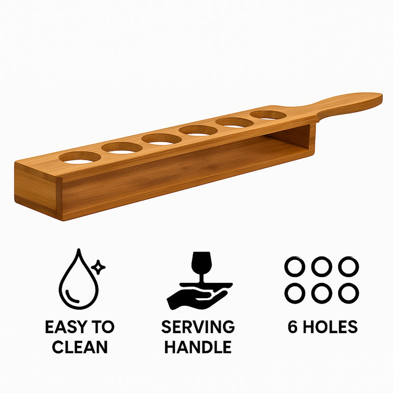 BAR BUTLER BAMBOO 6 HOLE SHOT GLASS SERVING TRAY WITH HANDLE