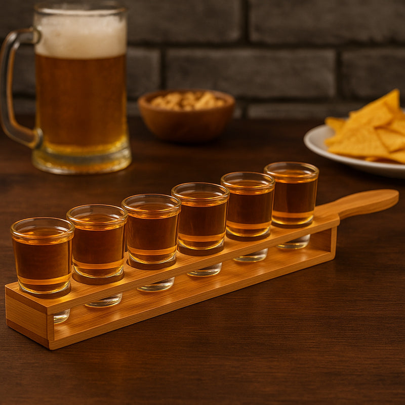 BAR BUTLER BAMBOO 6 HOLE SHOT GLASS SERVING TRAY WITH HANDLE