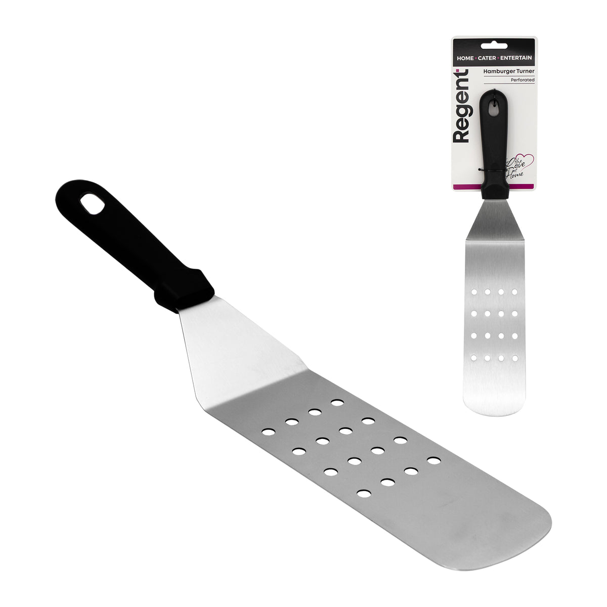 REGENT LONG TURNER PERFORATED ST STEEL WITH BLACK PP HANDLE, 370MM