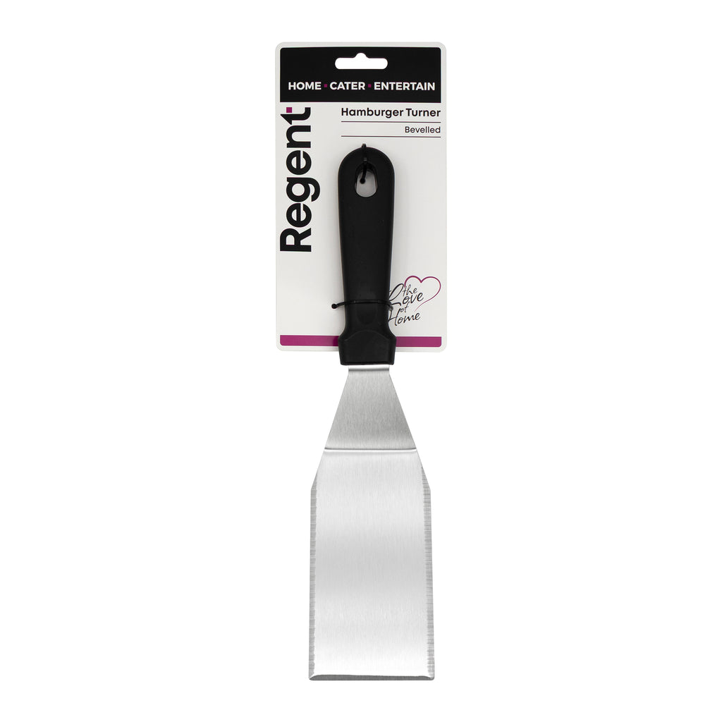 REGENT HAMBURGER SOLID BEVELLED TURNER ST STEEL WITH BLACK PP HANDLE, 300MM