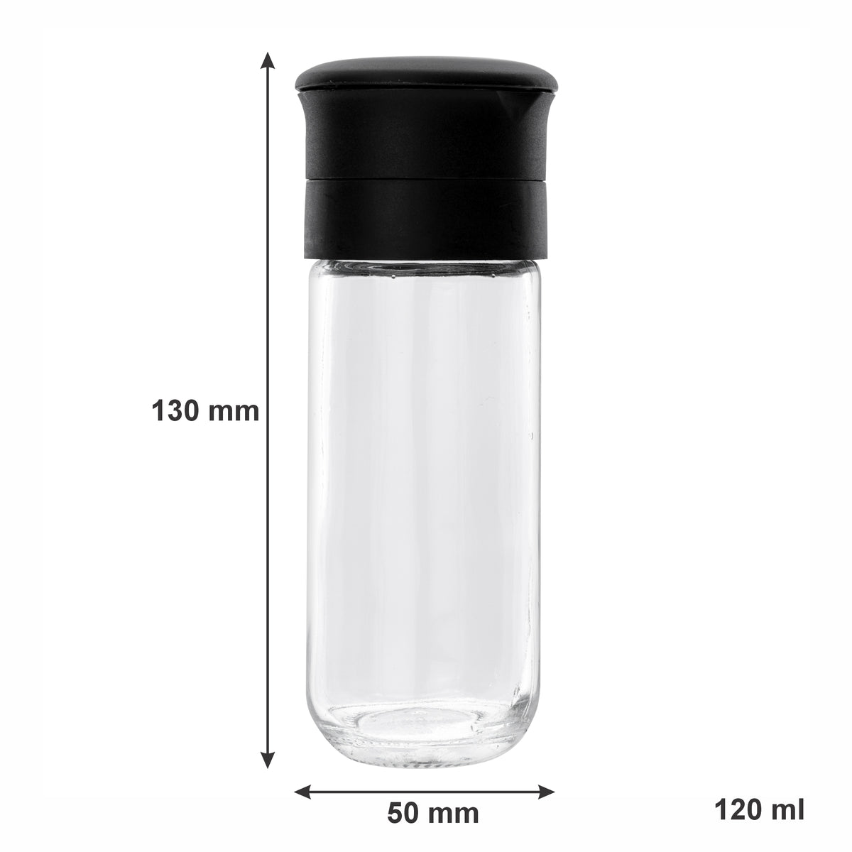REGENT GLASS BOTTLES WITH CERAMIC GRINDERS AND BLACK LIDS 2PK, 120ML