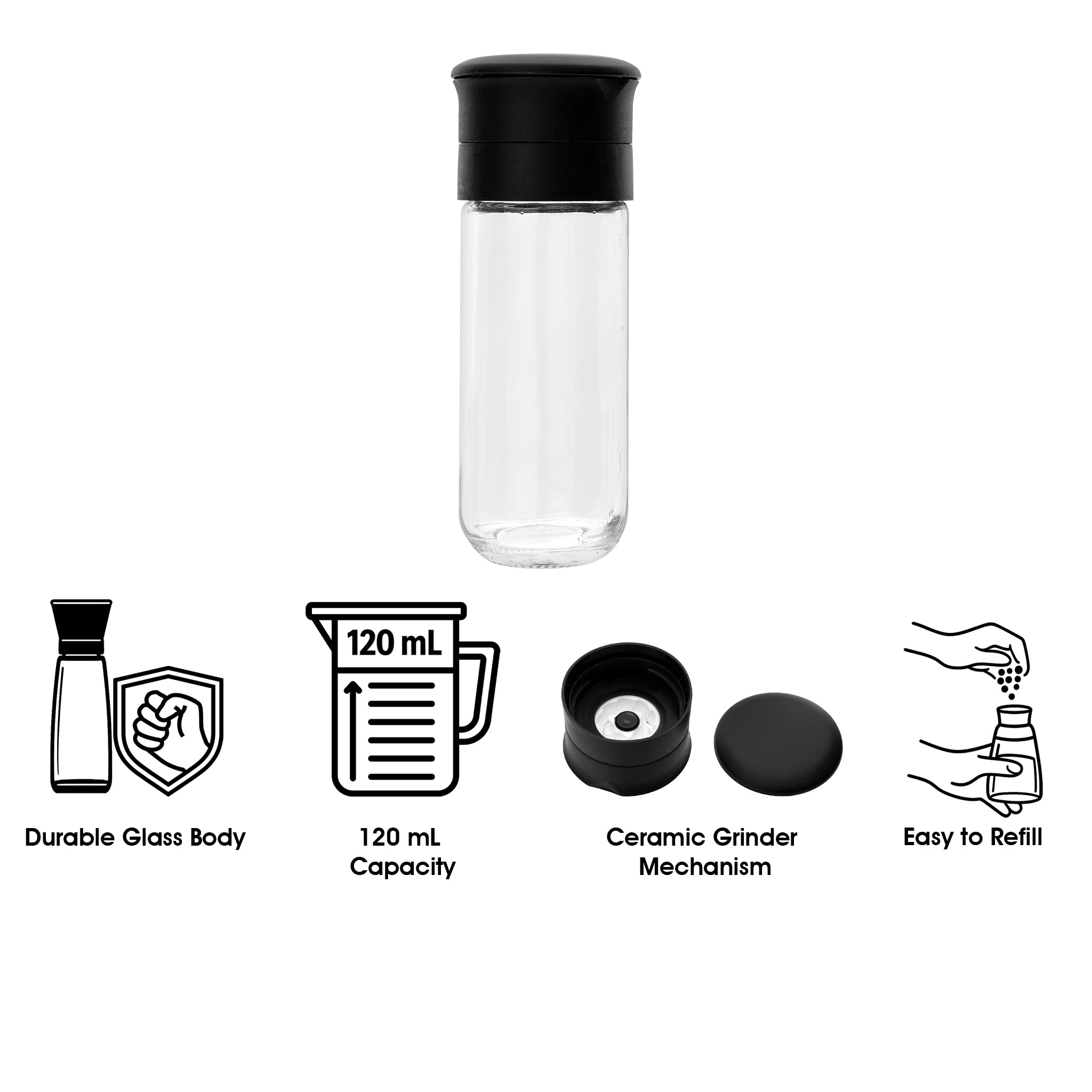 REGENT GLASS BOTTLES WITH CERAMIC GRINDERS AND BLACK LIDS 2PK, 120ML