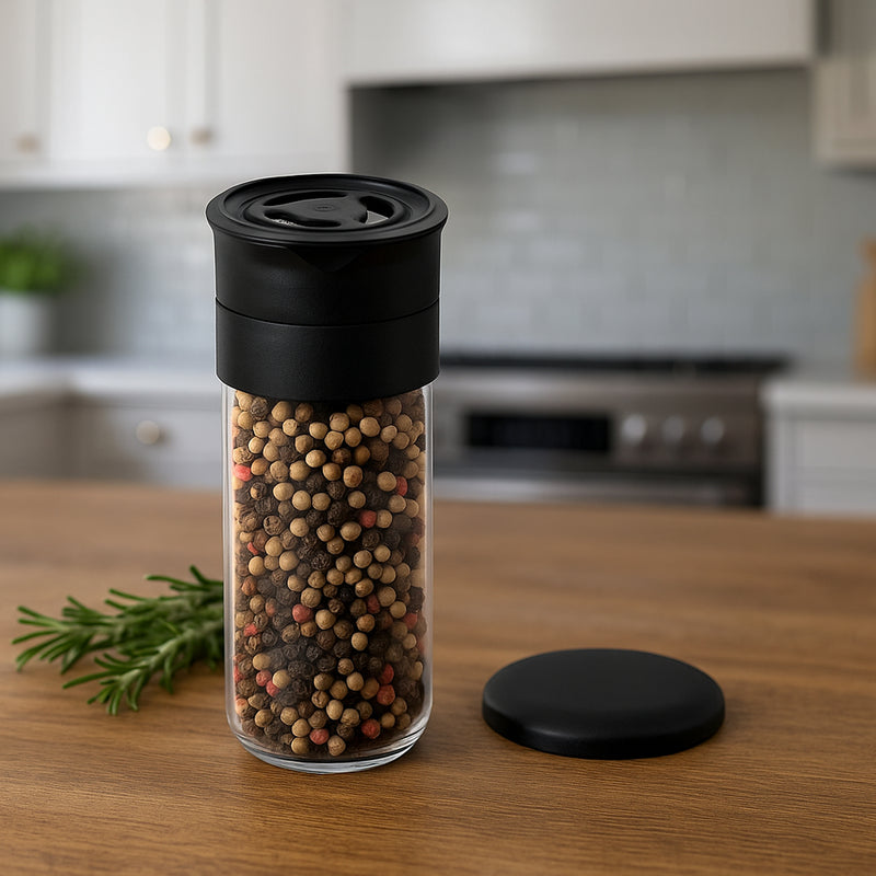 REGENT GLASS BOTTLE WITH CERAMIC GRINDER AND BLACK LID 2PK, 120ML