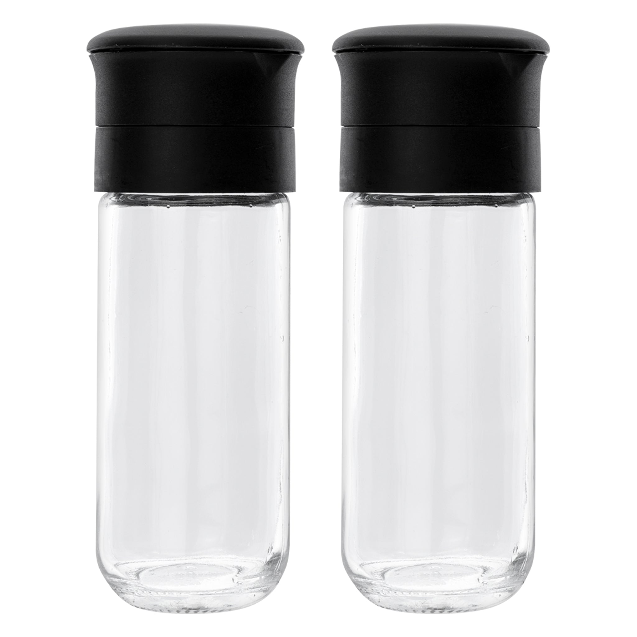 REGENT GLASS BOTTLES WITH CERAMIC GRINDERS AND BLACK LIDS 2PK, 120ML