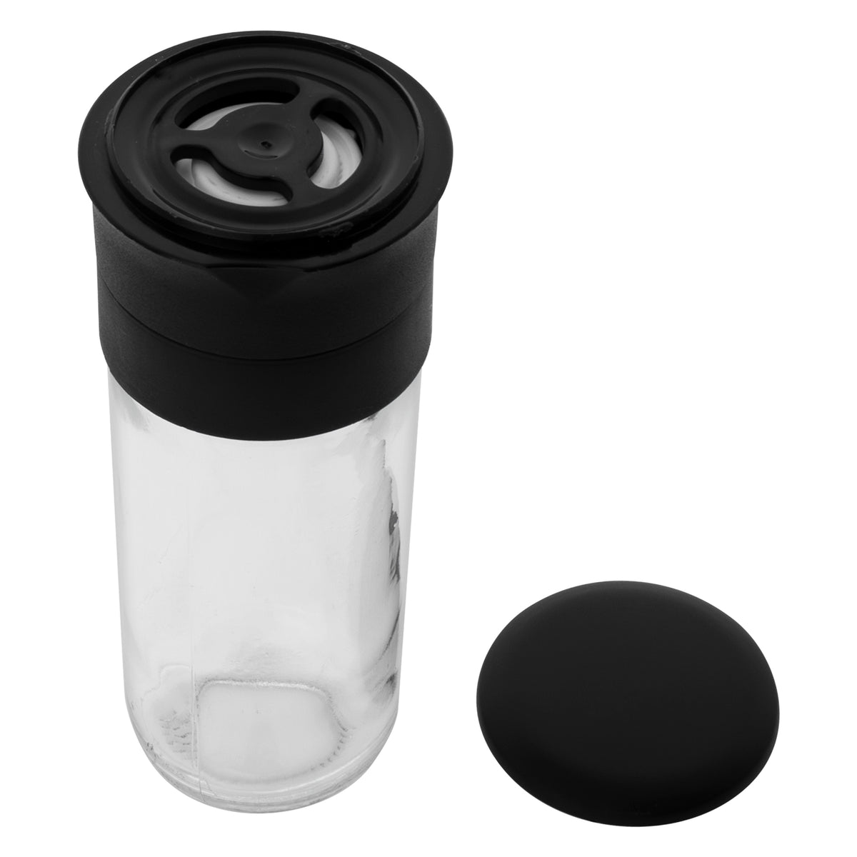 REGENT GLASS BOTTLES WITH CERAMIC GRINDERS AND BLACK LIDS 2PK, 120ML