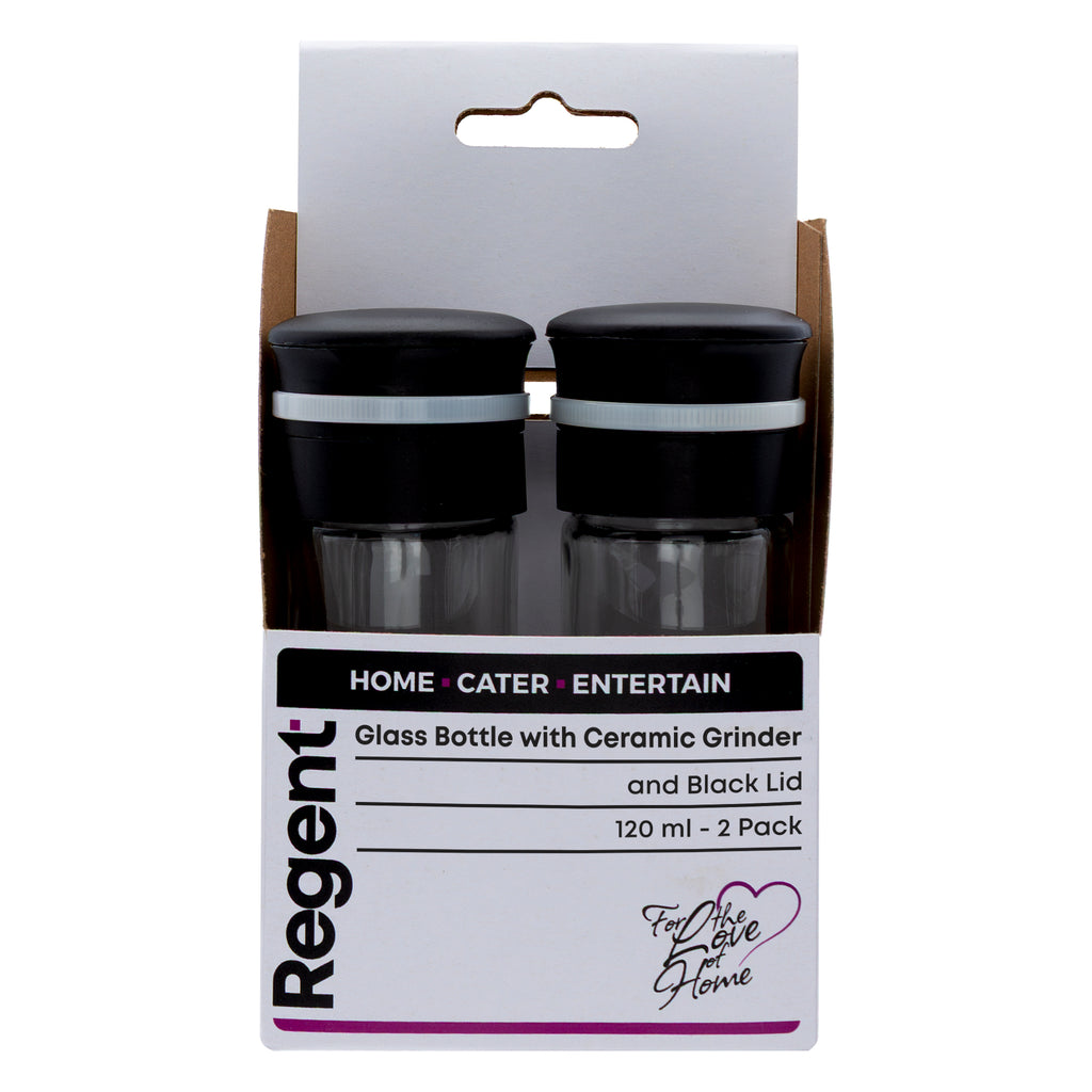 REGENT GLASS BOTTLES WITH CERAMIC GRINDERS AND BLACK LIDS 2PK, 120ML