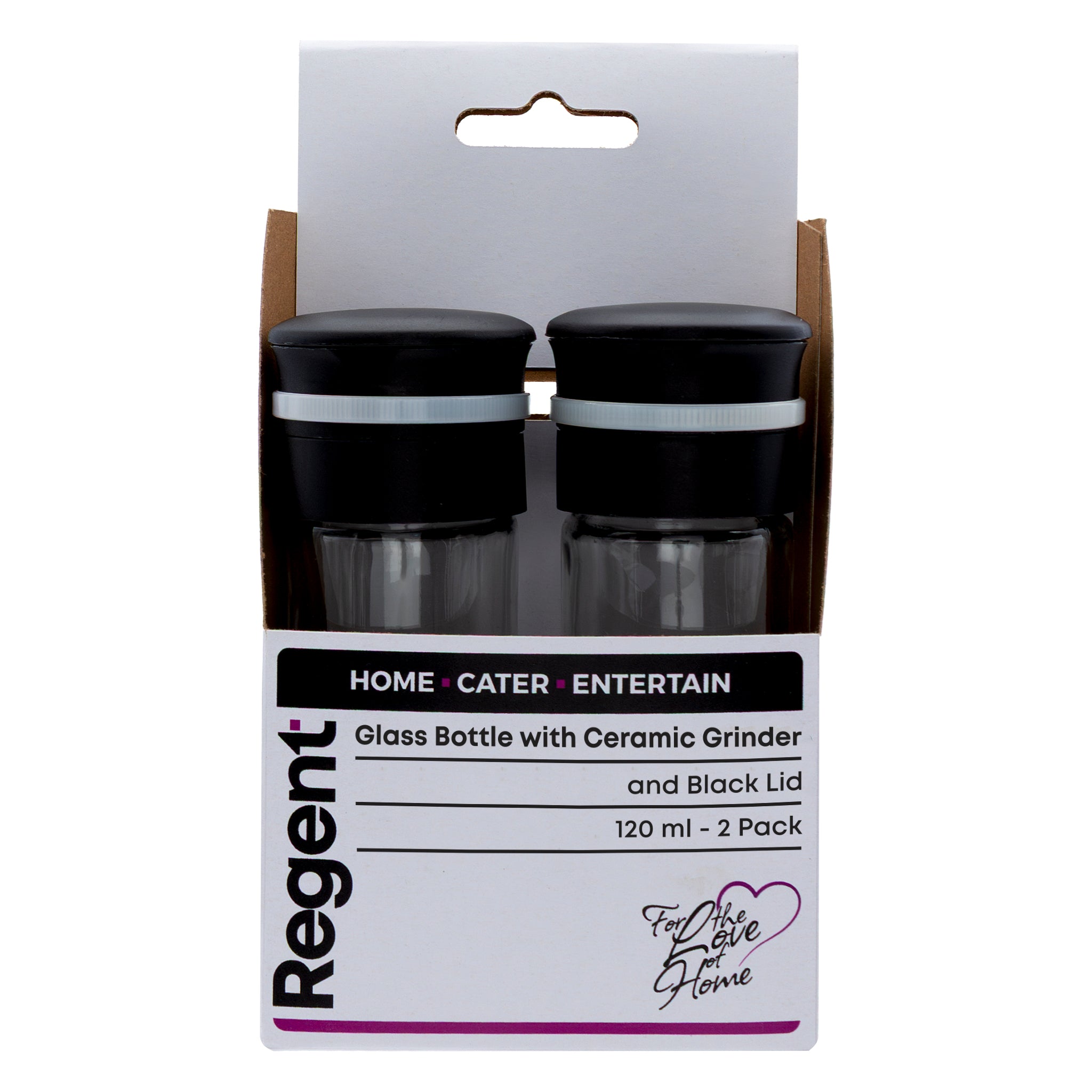 REGENT GLASS BOTTLES WITH CERAMIC GRINDERS AND BLACK LIDS 2PK, 120ML