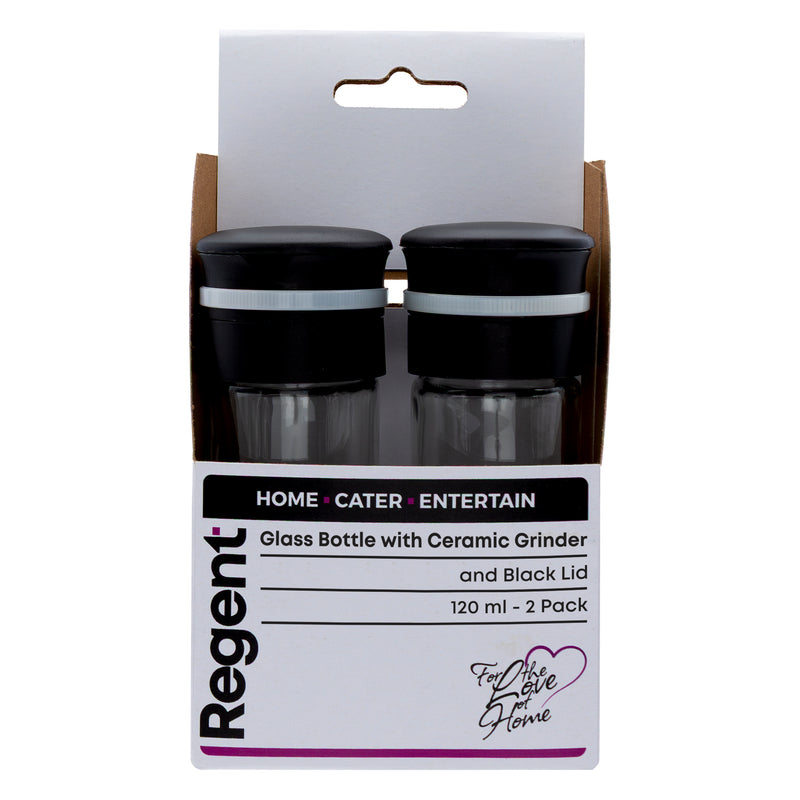 REGENT GLASS BOTTLE WITH CERAMIC GRINDER AND BLACK LID 2PK, 120ML