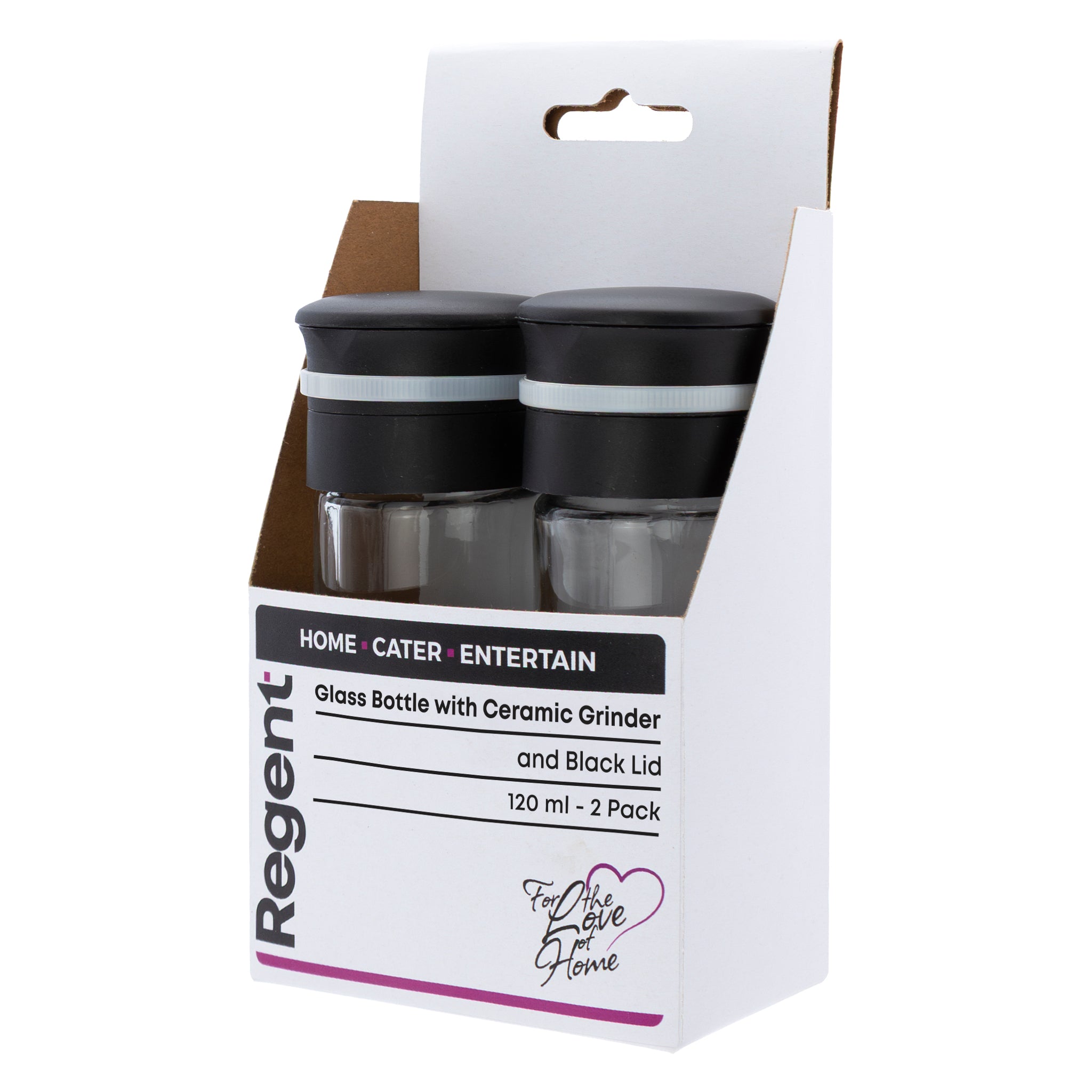 REGENT GLASS BOTTLES WITH CERAMIC GRINDERS AND BLACK LIDS 2PK, 120ML