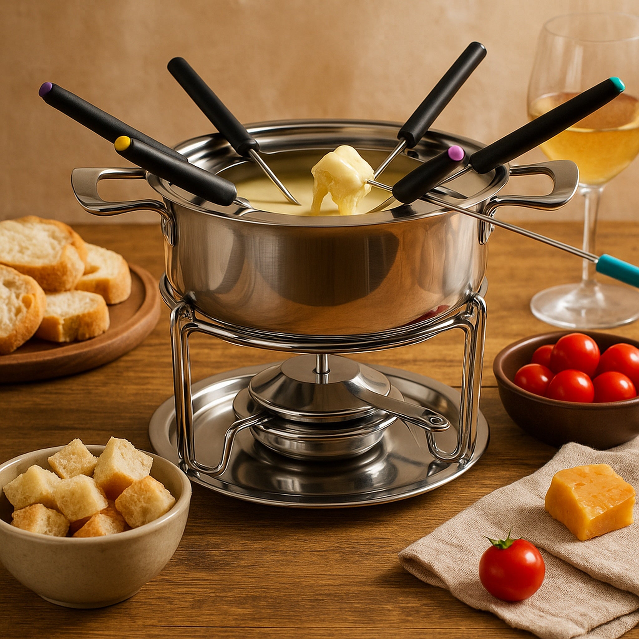 REGENT COOKWARE FONDUE SET WITH BURNER & 6 FORKS STAINLESS STEEL