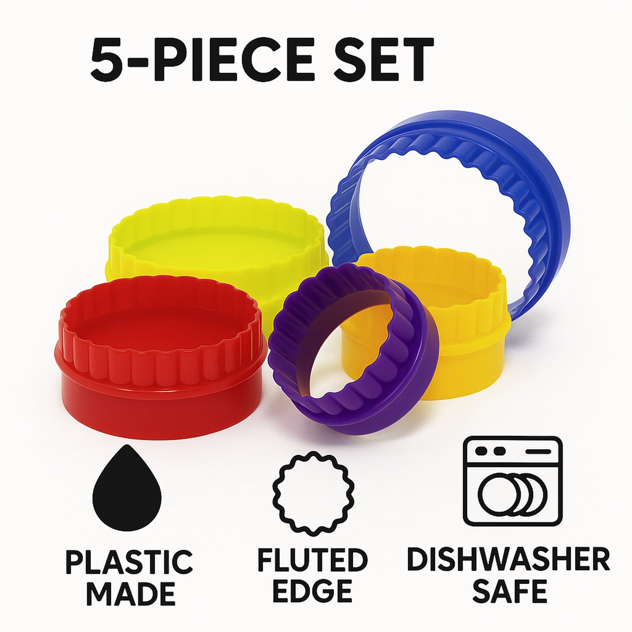 REGENT BAKEWARE COOKIE CUTTERS FLUTED ASST. COLOURS 5PIECE SET