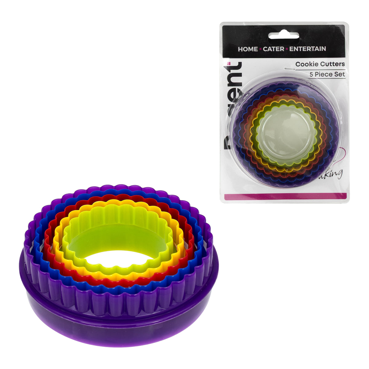 REGENT BAKEWARE COOKIE CUTTERS FLUTED MULTI-COLOURED 5PCS SET