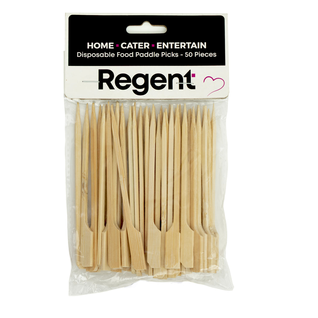REGENT DISPOSABLE MEDIUM BAMBOO FOOD PADDLE PICKS 50PK, 120MM