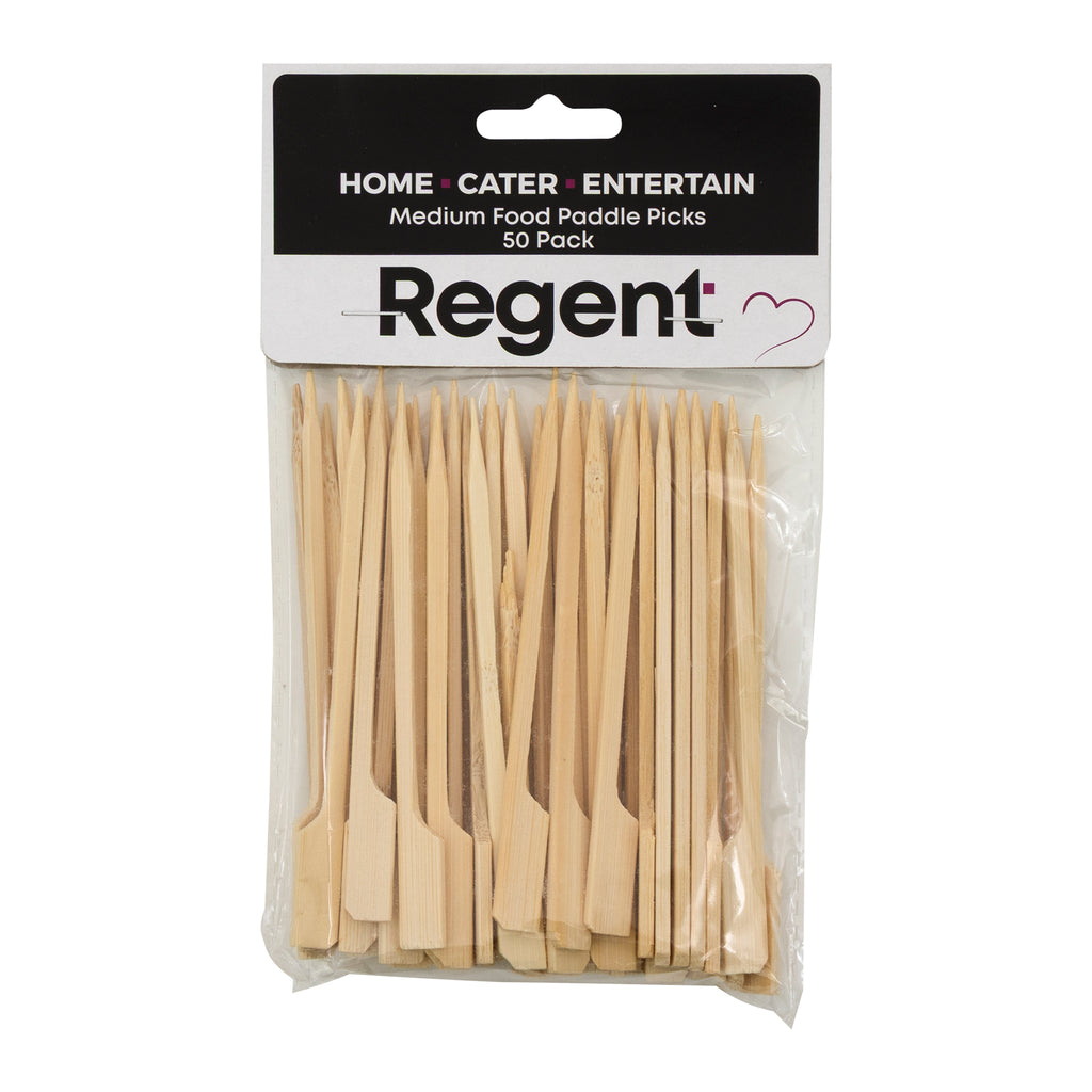 REGENT DISPOSABLE MEDIUM BAMBOO FOOD PADDLE PICKS 50PK, 120MM