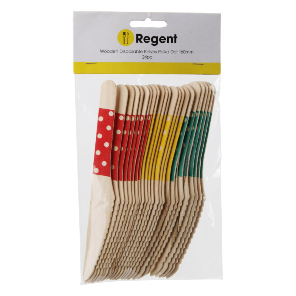 REGENT DISPOSABLE WOODEN KNIVES WITH COLOURED POLKA DOTS 24PK, 160MM