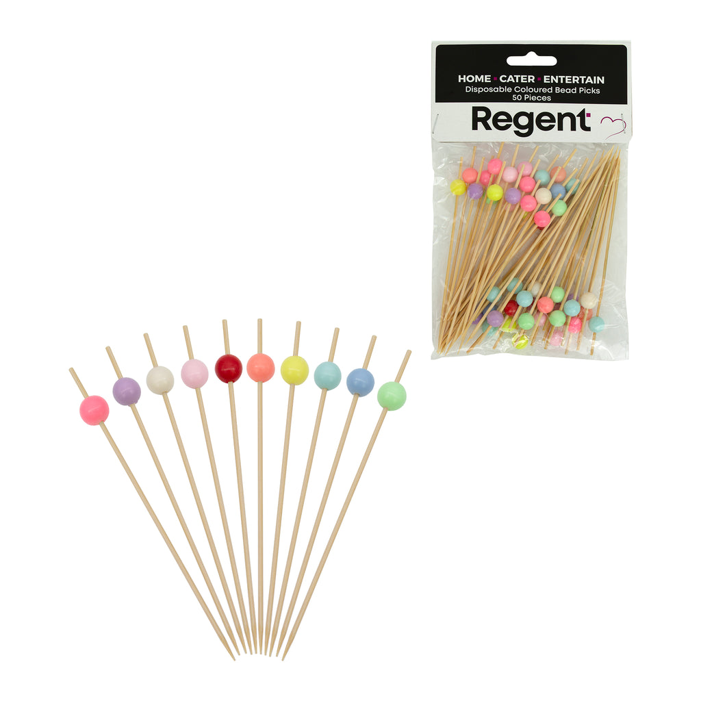 REGENT DISPOSABLE BAMBOO PICKS WITH COLOURED BEADS 50PK, 120MM