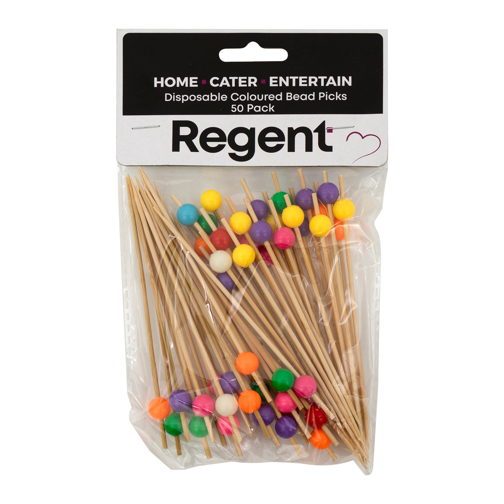 REGENT DISPOSABLE BAMBOO PICKS WITH COLOURED BEADS 50PK, 120MM