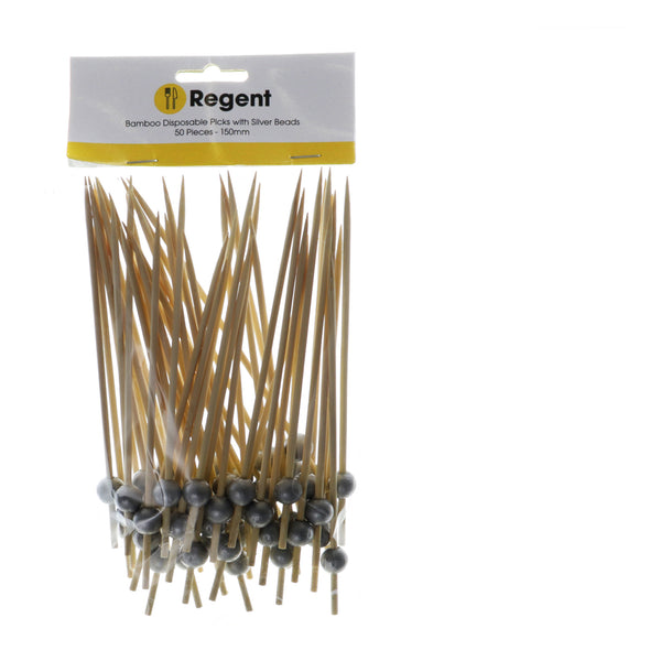 REGENT DISPOSABLE BAMBOO PICKS WITH SILVER BEADS 50PCS, (150MM)