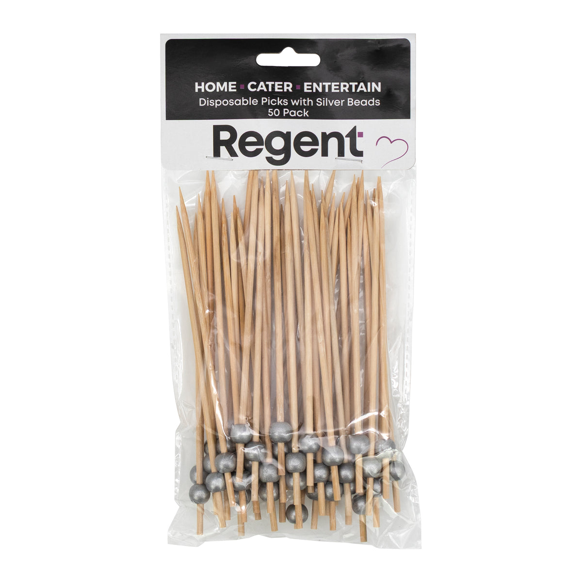 REGENT DISPOSABLE BAMBOO PICKS WITH SILVER BEADS 50PK,150MM