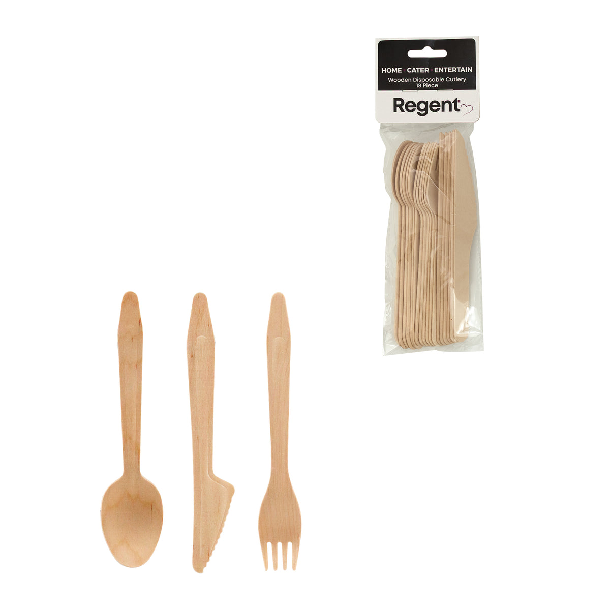 REGENT DISPOSABLE WOODEN CUTLERY 18 PCS SET, (6 SPOONS, 6 KNIVES & 6 FORKS)
