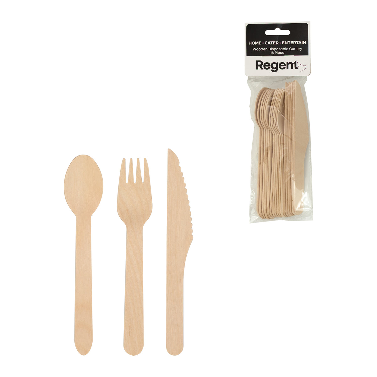REGENT DISPOSABLE WOODEN CUTLERY 18 PCS SET, (6 SPOONS, 6 KNIVES & 6 FORKS)