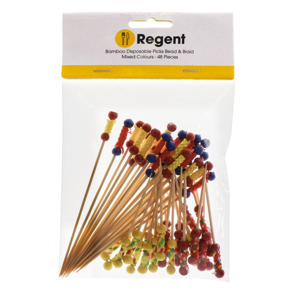 REGENT DISPOSABLE BAMBOO PICKS BEAD & BRAID MIXED COLOURS & 2 SIZES 48PCS, (24X70MM | 24X120MM)