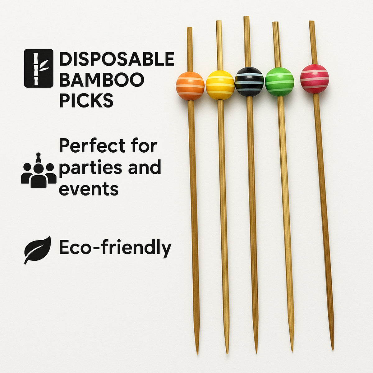 REGENT DISPOSABLE BAMBOO FOOD PICKS WITH MIXED COLOURED STRIPED BEADS 24PK, 120MM