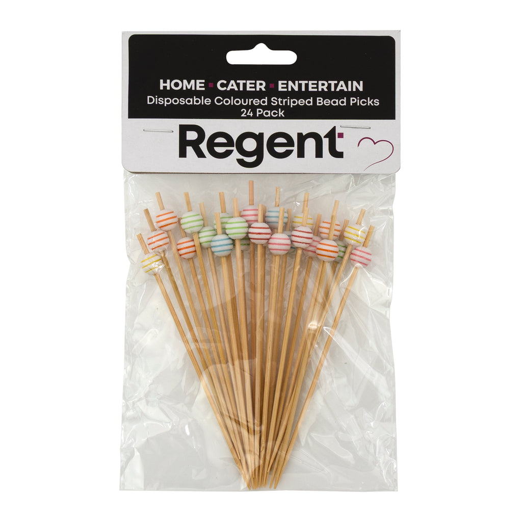 REGENT DISPOSABLE BAMBOO FOOD PICKS WITH MIXED COLOURED STRIPED BEADS 24PK, 120MM