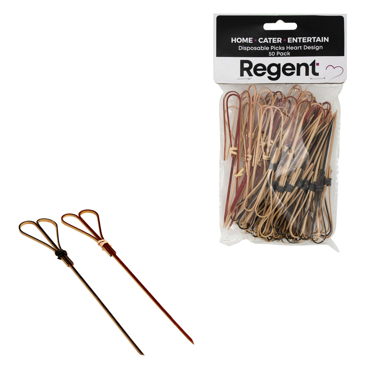 REGENT DISPOSABLE BAMBOO FOOD PICKS HEART SHAPED 50PK, 120MM