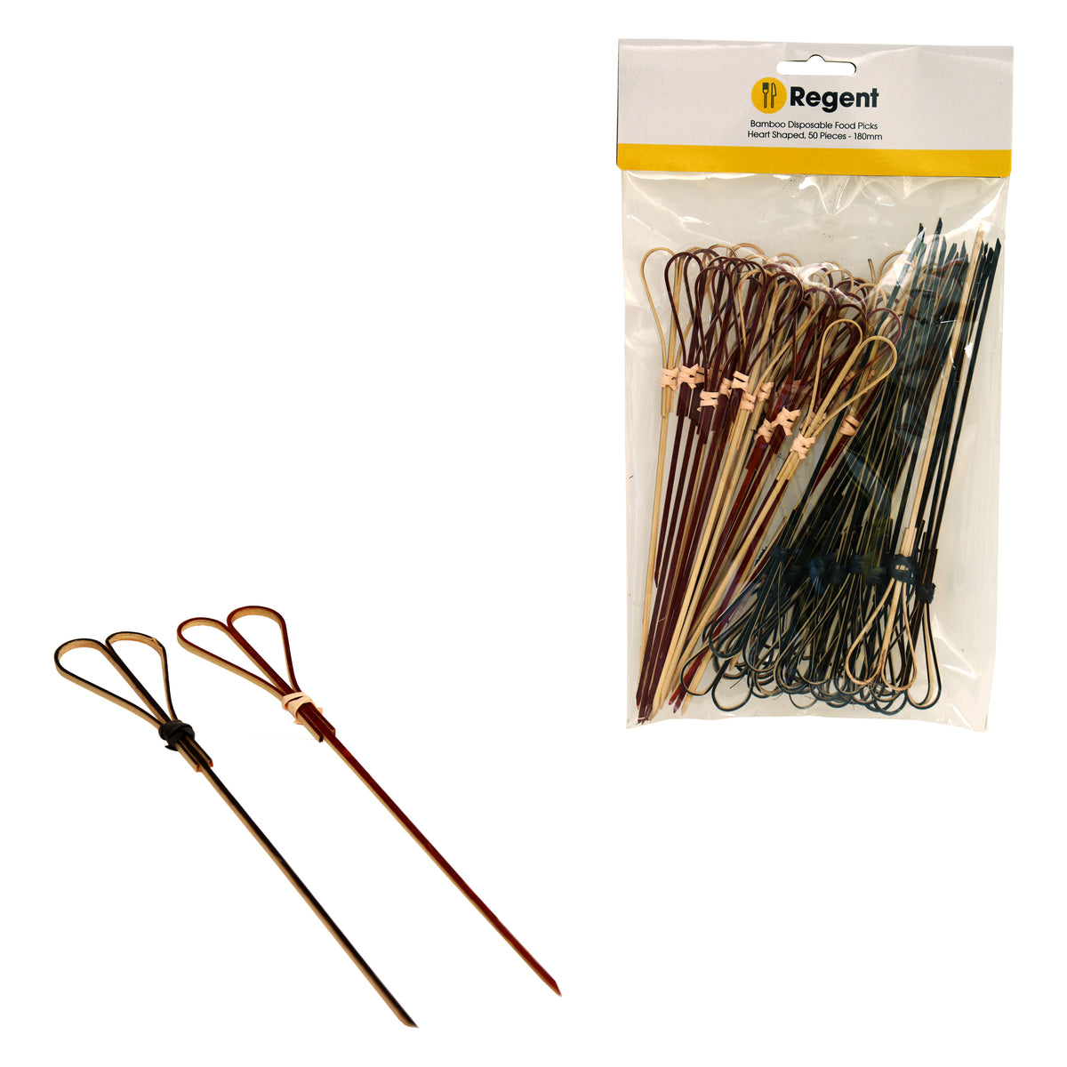 REGENT DISPOSABLE BAMBOO FOOD PICKS HEART SHAPED 50PK, 180MM