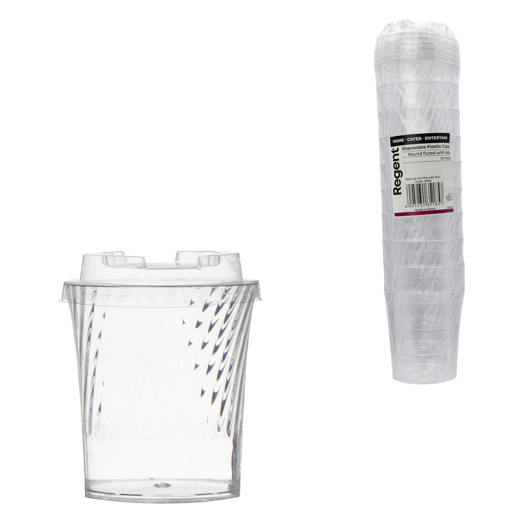 REGENT DISPOSABLE PLASTIC ROUND FLUTED CUPS WITH LIDS 10PK, 145ML