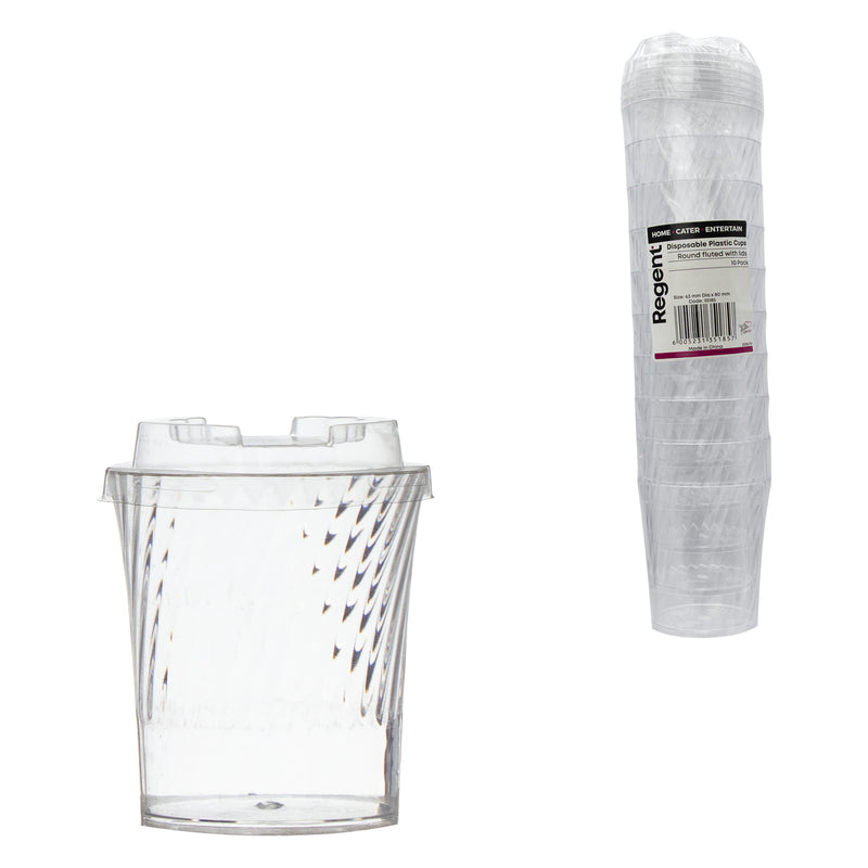 REGENT DISPOSABLE PLASTIC CUPS ROUND FLUTED WITH LIDS 10SETS, 145ML (63MM DIAX80MM)