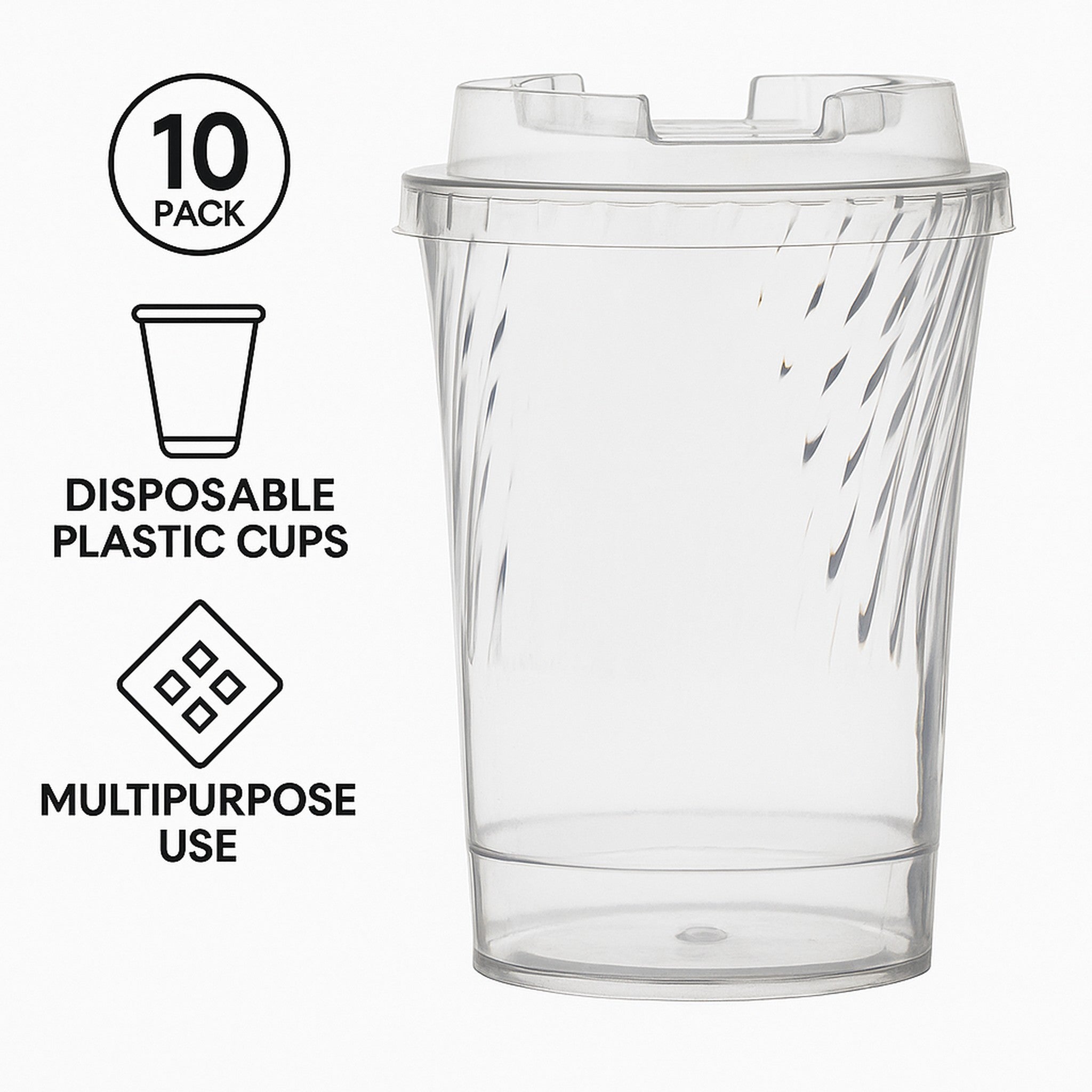 REGENT DISPOSABLE PLASTIC ROUND FLUTED CUPS WITH LIDS 10PK, 145ML
