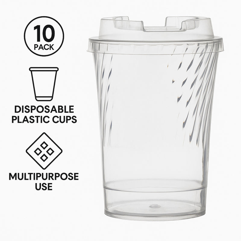 REGENT DISPOSABLE PLASTIC ROUND FLUTED CUPS WITH LIDS 10PK, 145ML