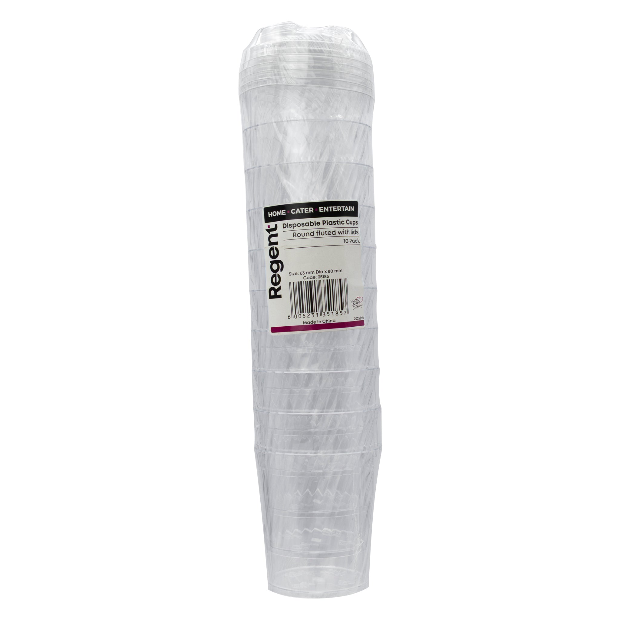 REGENT DISPOSABLE PLASTIC ROUND FLUTED CUPS WITH LIDS 10PK, 145ML