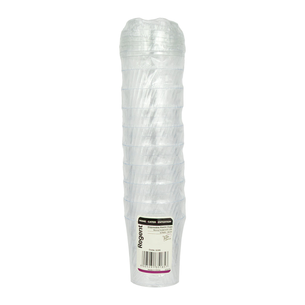 REGENT DISPOSABLE PLASTIC ROUND FLUTED CUPS WITH LIDS 10PK, 145ML