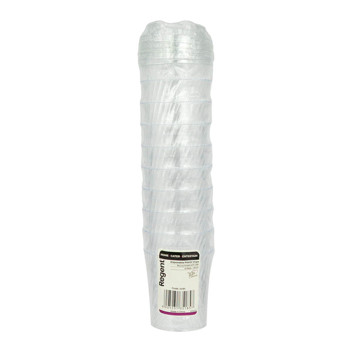 REGENT DISPOSABLE PLASTIC ROUND FLUTED CUPS WITH LIDS 10PK, 145ML