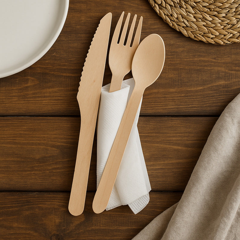 REGENT DISPOSABLE WOODEN KNIFE, FORK, SPOON & NAPKIN (4PCS) 10PK