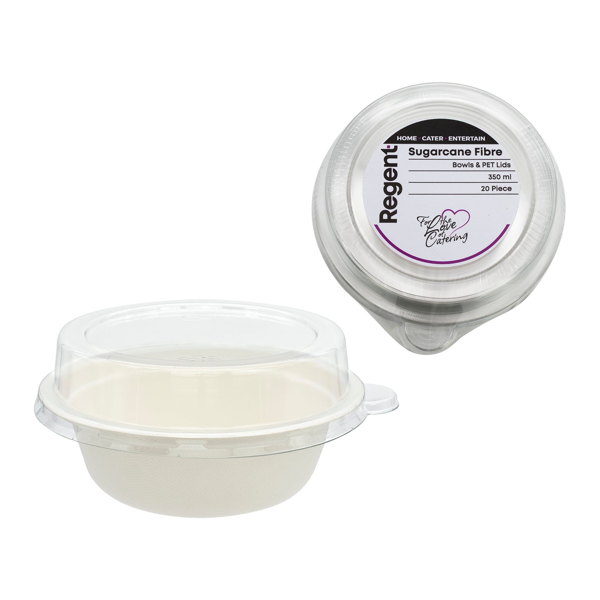 REGENT SUGARCANE FIBRE BOWLS & PET LIDS 350ML, 20PCS