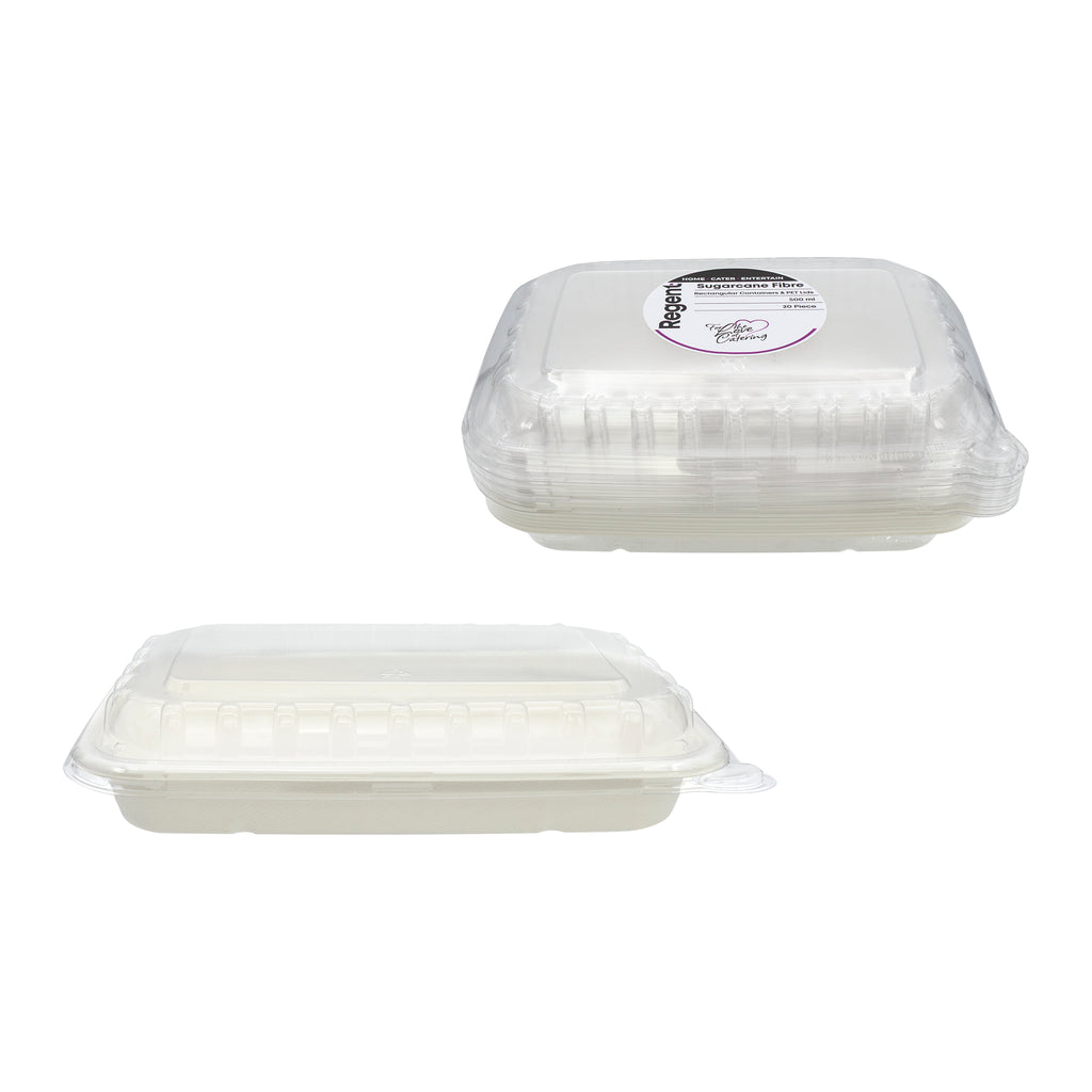 REGENT SUGARCANE FIBRE RECTANGULAR CONTAINER 500ML & PET LIDS, 20 PCS