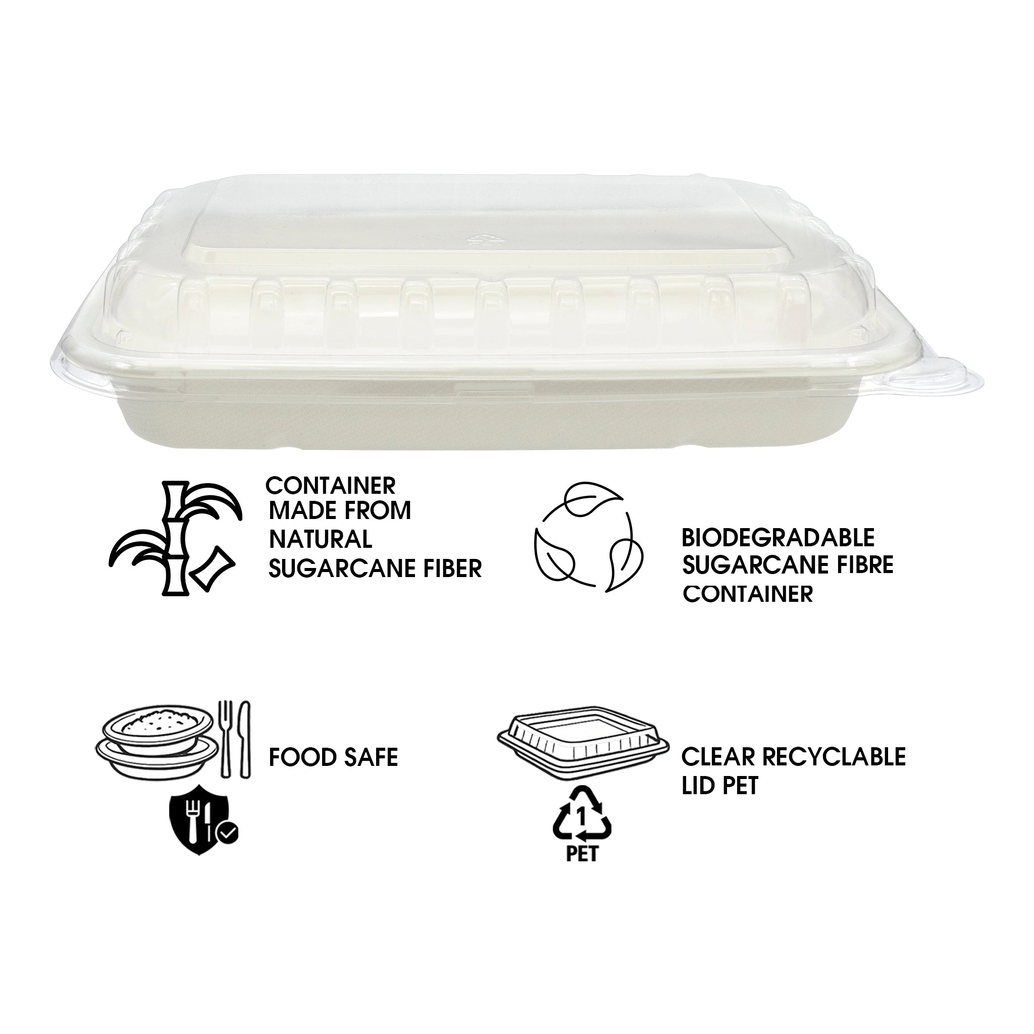 REGENT SUGARCANE FIBRE RECTANGULAR CONTAINER 500ML & PET LIDS, 20 PCS