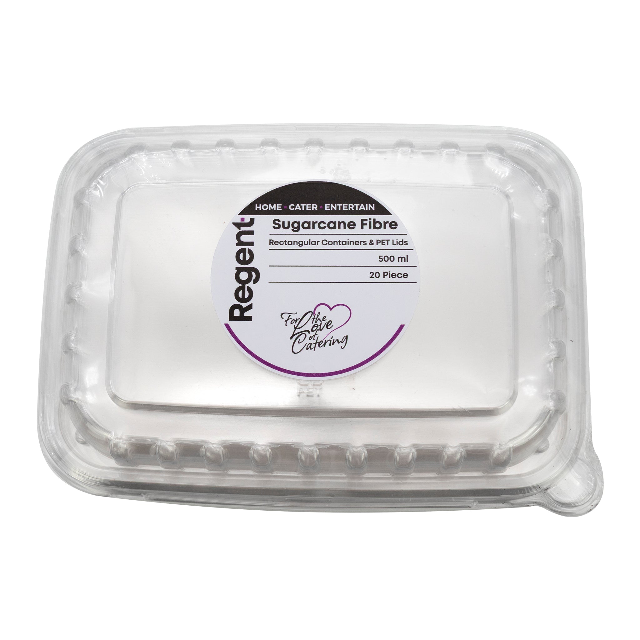 REGENT SUGARCANE FIBRE RECTANGULAR CONTAINER 500ML & PET LIDS, 20 PCS