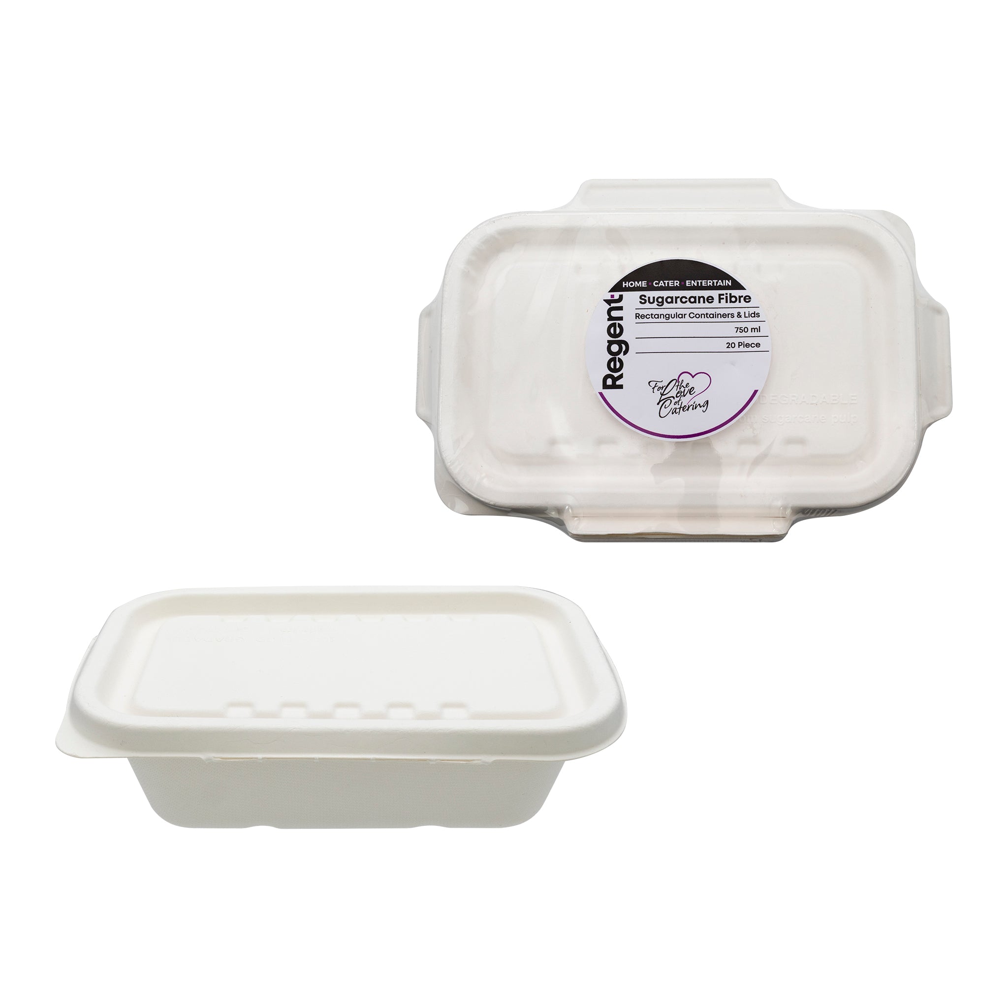 REGENT SUGARCANE FIBRE RECTANGULAR CONTAINER 750ML & LIDS, 20 PCS