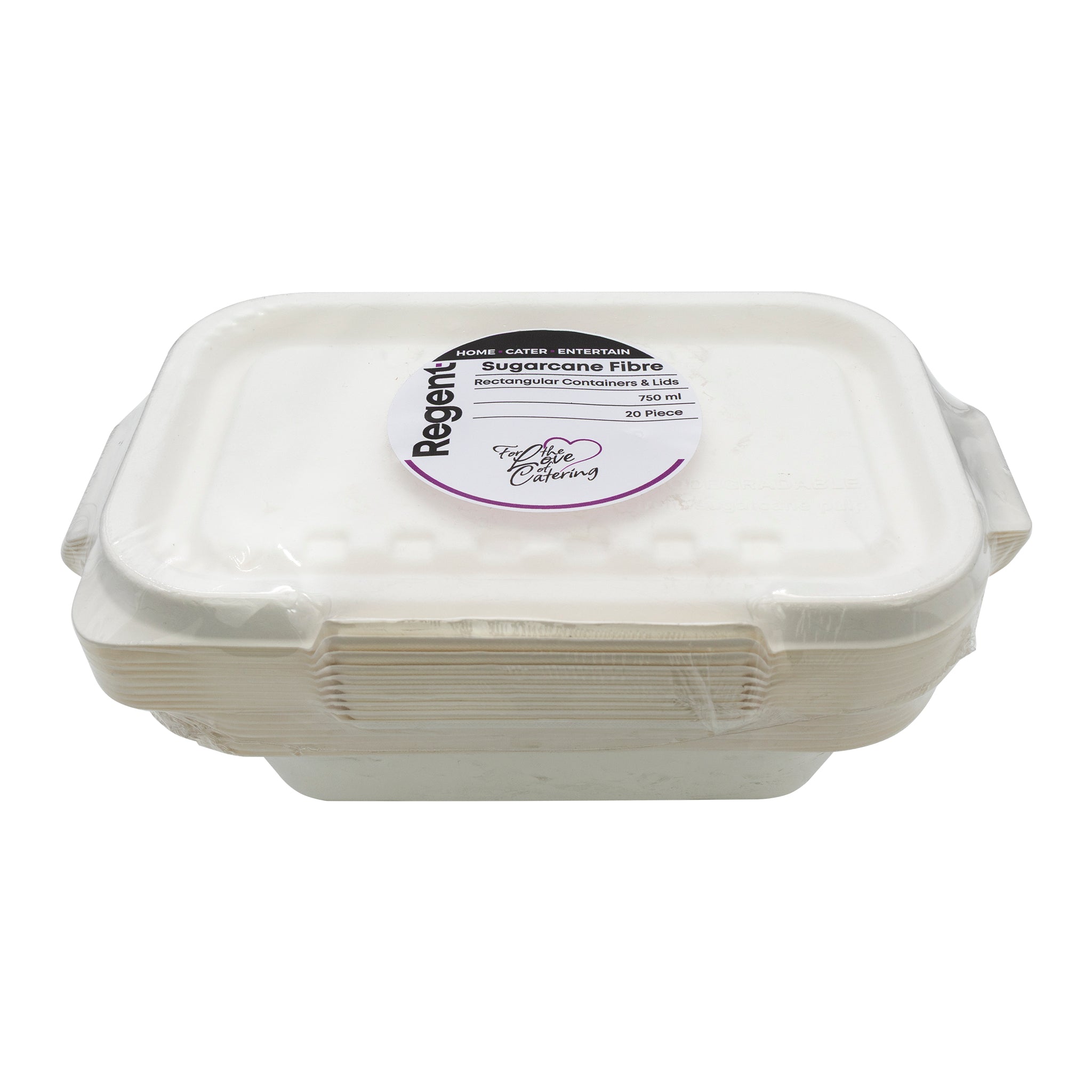 REGENT SUGARCANE FIBRE RECTANGULAR CONTAINER 750ML & LIDS, 20 PCS
