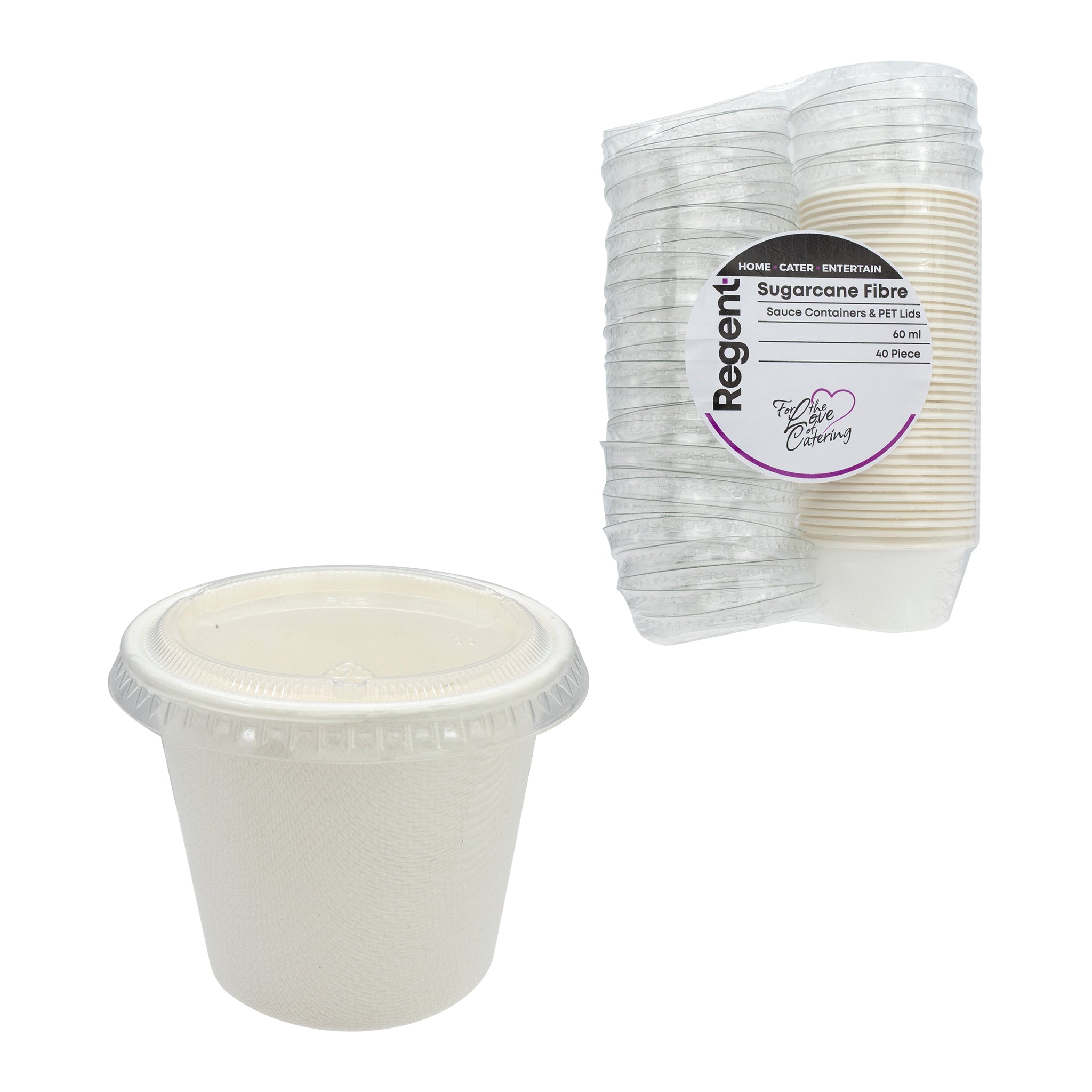REGENT SUGARCANE FIBRE SAUCE CONTAINER 60ML & PET LIDS, 40 PCS