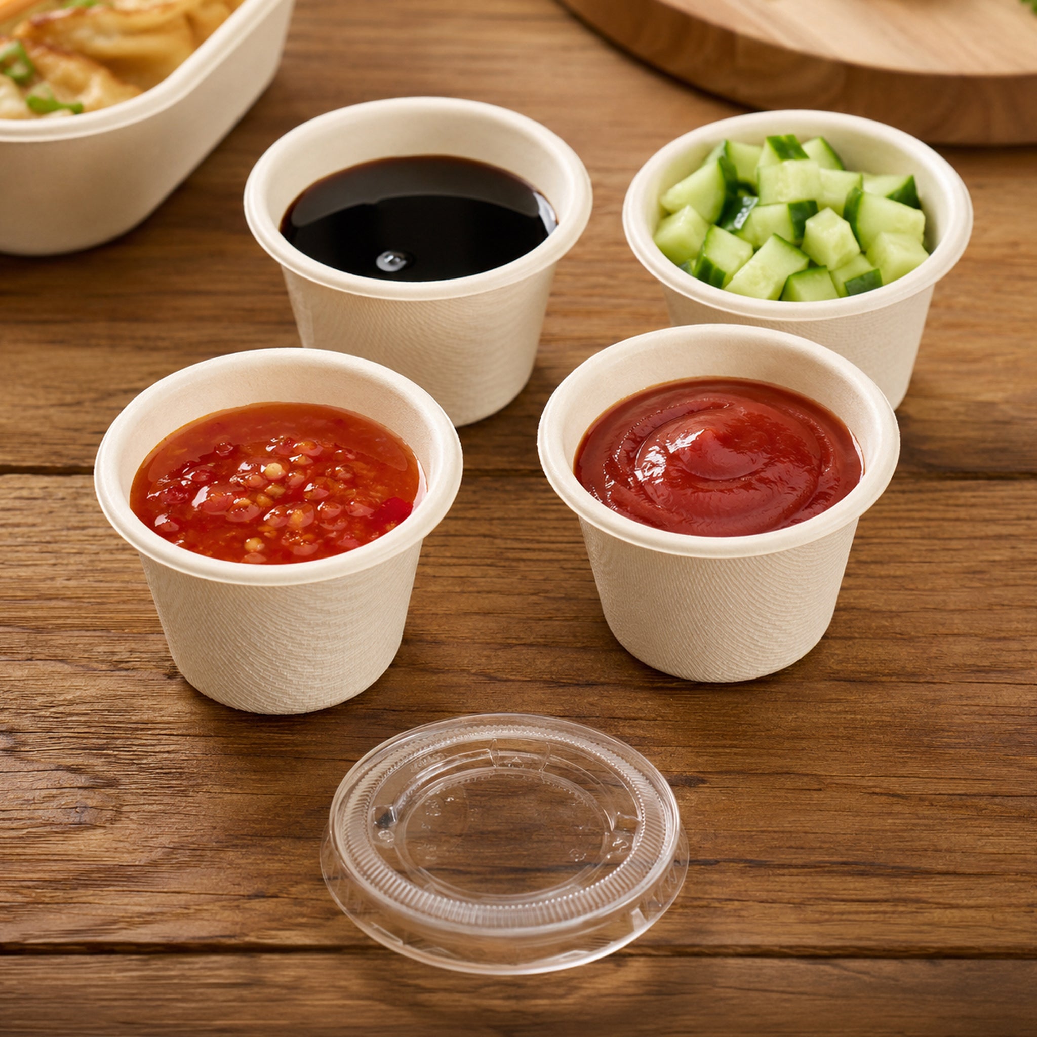 REGENT SUGARCANE FIBRE SAUCE CONTAINER 60ML & PET LIDS, 40 PCS