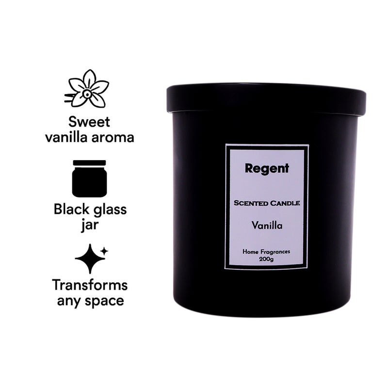 REGENT SCENTED CANDLES VANILLA IN A BLACK GLASS JAR WITH BLACK LID, 200G