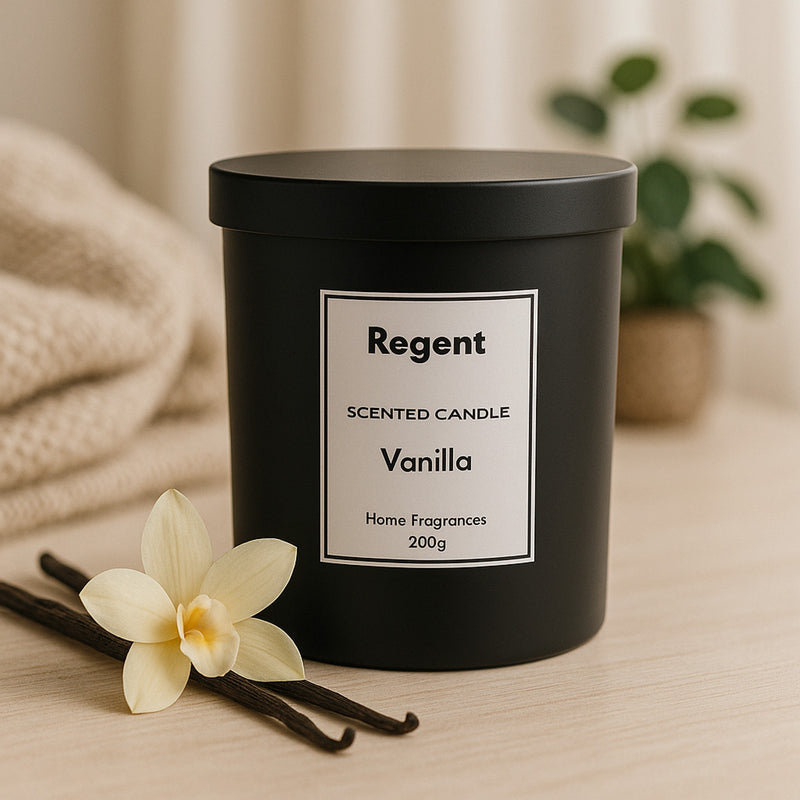 REGENT SCENTED CANDLES VANILLA IN A BLACK GLASS JAR WITH BLACK LID, 200G