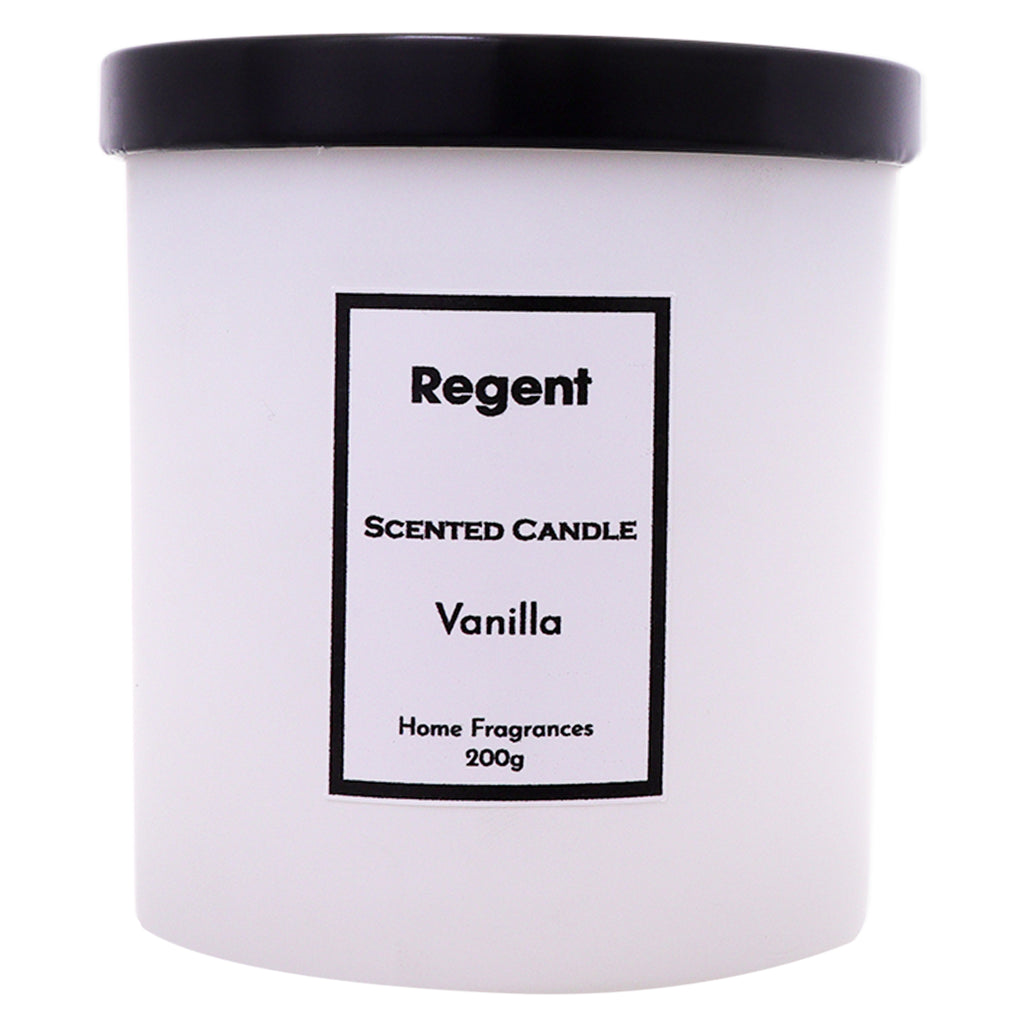 REGENT SCENTED CANDLES (VANILLA) IN A WHITE GLASS JAR WITH BLACK LID, 200G (90X85MM DIA)