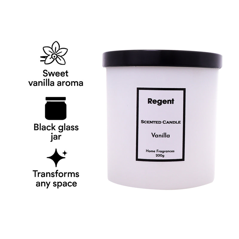 REGENT SCENTED CANDLES VANILLA IN A WHITE GLASS JAR WITH BLACK LID, 200G